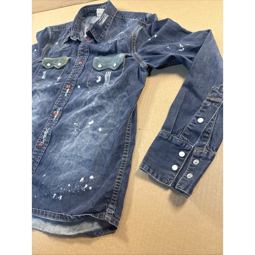 Distressed Western Pearl snap Denim Button-Up Shirt Size Medium, Kilogram - Picture 8 of 9